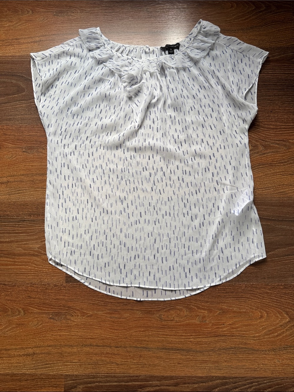 Banana Republic White Top with Light purple Dash Print and Ruffle Neck